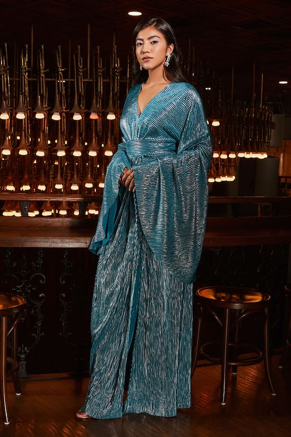 House of Fett Blue Luxury Pleated Fabric Magaluf Drape Gown 4