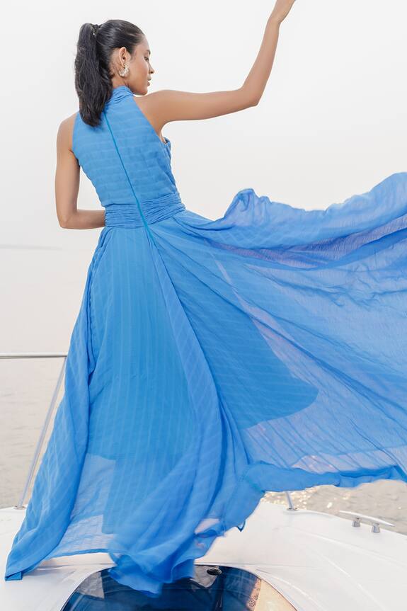 House of Fett Blue Textured Georgette Serene Halter Neck Santorini Gown 2