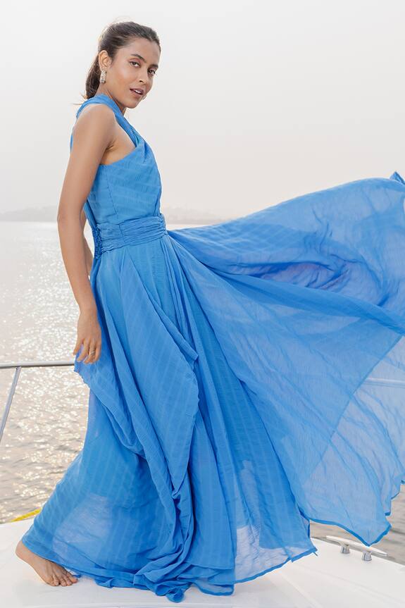 House of Fett Blue Textured Georgette Serene Halter Neck Santorini Gown 5