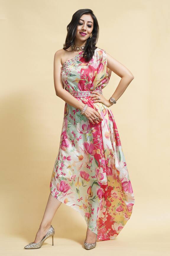 Gopi Vaid Pink Cotton Silk One Shoulder Printed Dress 1