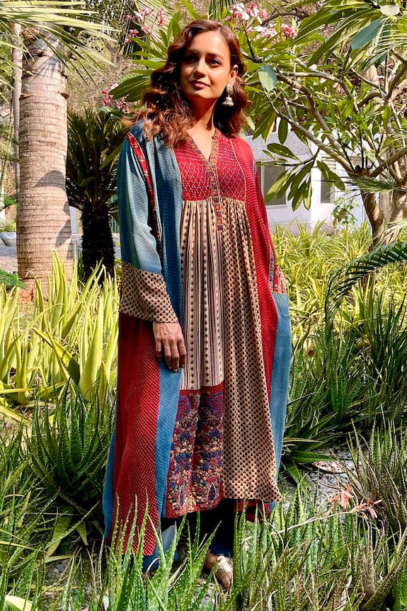 Sunira Designs Multi Color Silk Georgette Ajrakh Print Panelled Tunic 1