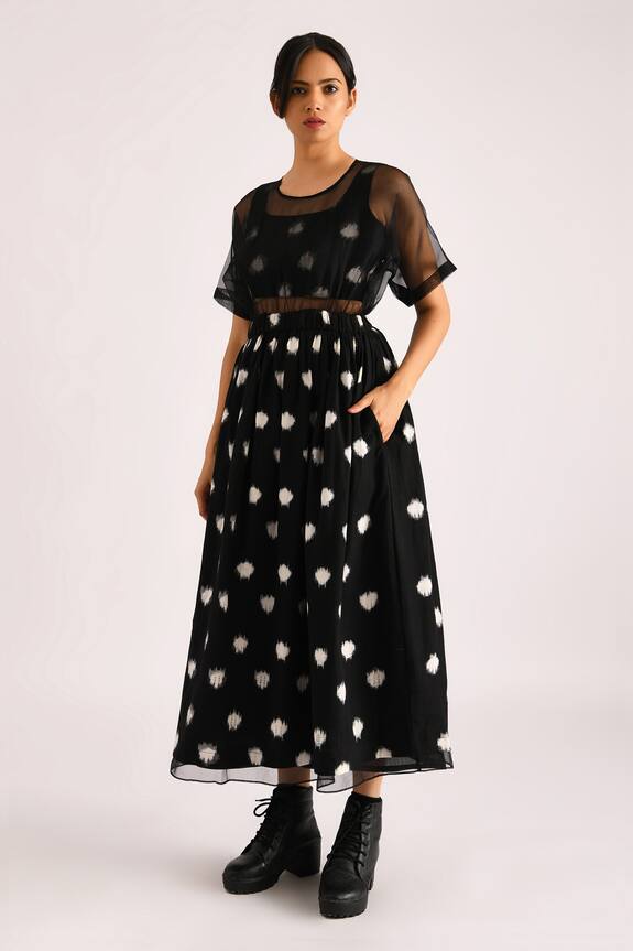 Indigo Dreams Black Cotton Sheer Panel Ikat Dress And Crop Top Set 1