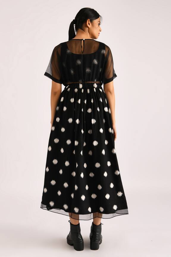 Indigo Dreams Black Cotton Sheer Panel Ikat Dress And Crop Top Set 2