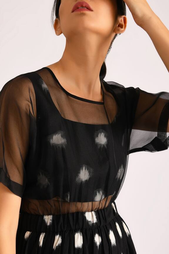 Indigo Dreams Black Cotton Sheer Panel Ikat Dress And Crop Top Set 5