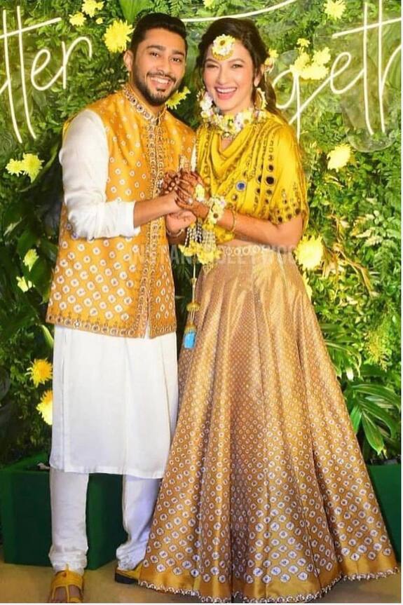 Rajdeep Ranawat Yellow Dupion Asymmetric Tunic And Bandhani Print Lehenga Set 0