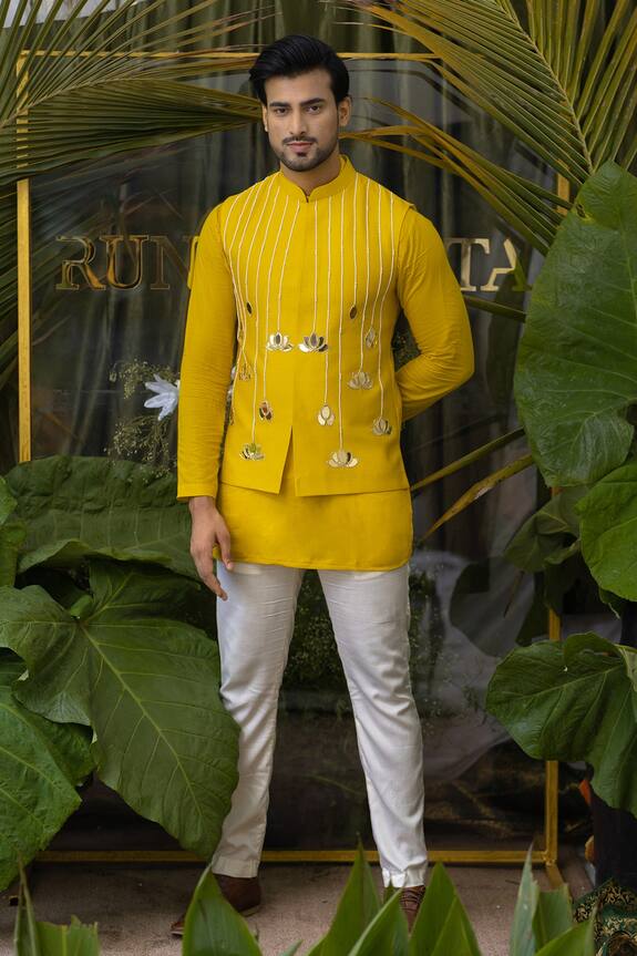 Runit Gupta Yellow Cotton Kurta Pant Set 0