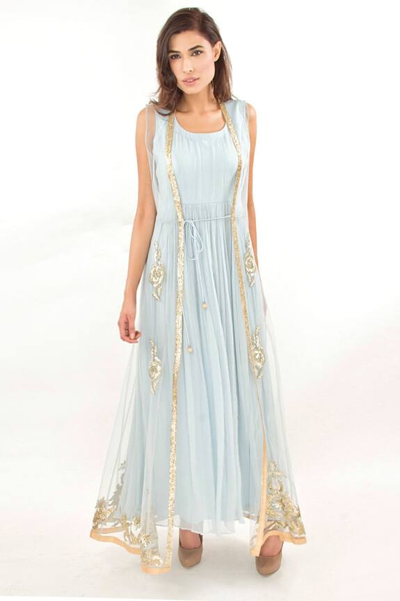 Jasmine Bains Blue Silk Chiffon Gown With Embroidered Gilet 0