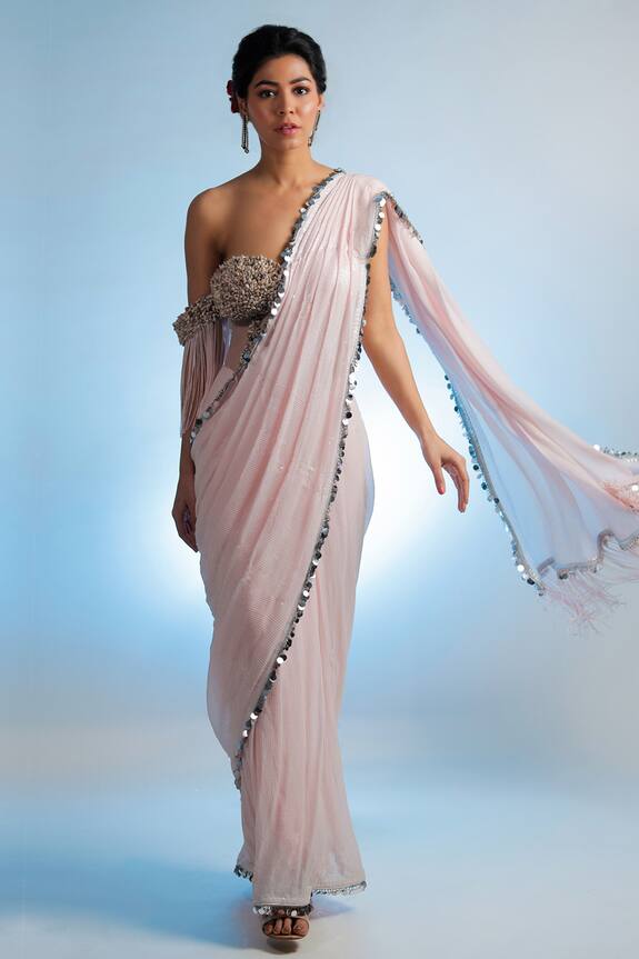 Buy_Jubinav Chadha_Pink Georgette Off Shoulder Saree Gown_at_Aza_Fashions