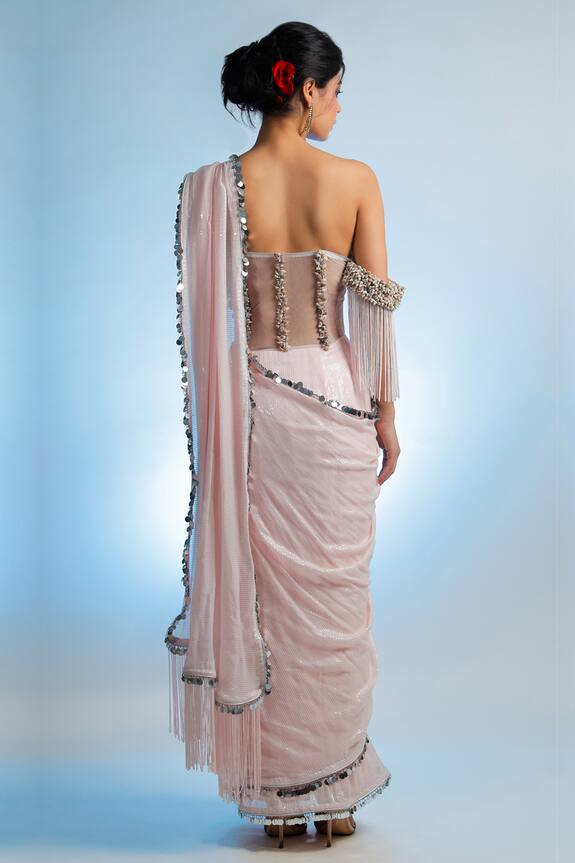 Shop_Jubinav Chadha_Pink Georgette Off Shoulder Saree Gown_at_Aza_Fashions