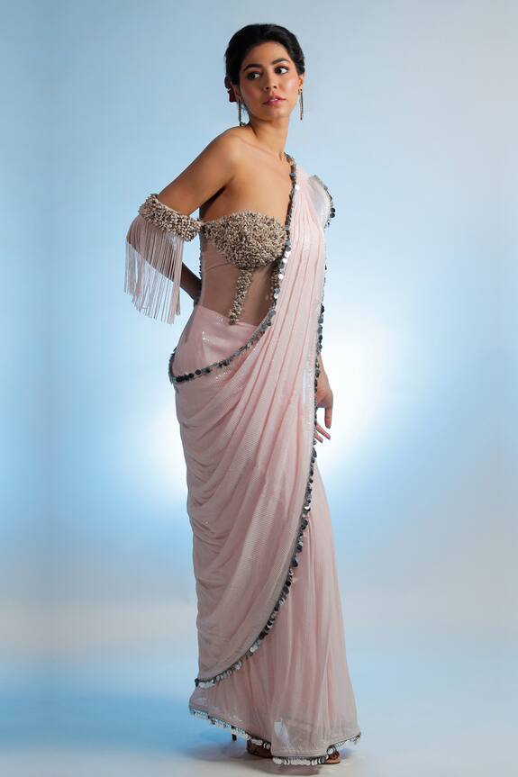 Jubinav Chadha_Pink Georgette Off Shoulder Saree Gown_Online_at_Aza_Fashions