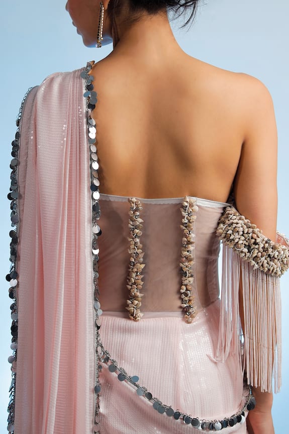 Shop_Jubinav Chadha_Pink Georgette Off Shoulder Saree Gown_Online_at_Aza_Fashions