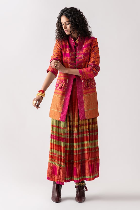 Aseem Kapoor Multi Color Natural Raw Silk Dhana Colorblock Long Jacket 3