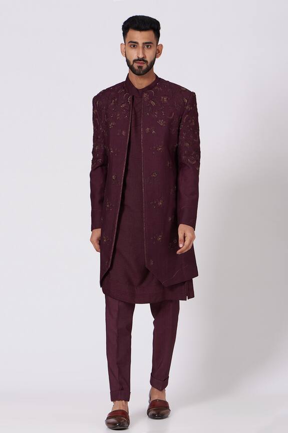 Jatin Malik Maroon Slub Silk Embroidered Jacket And Kurta Set 0