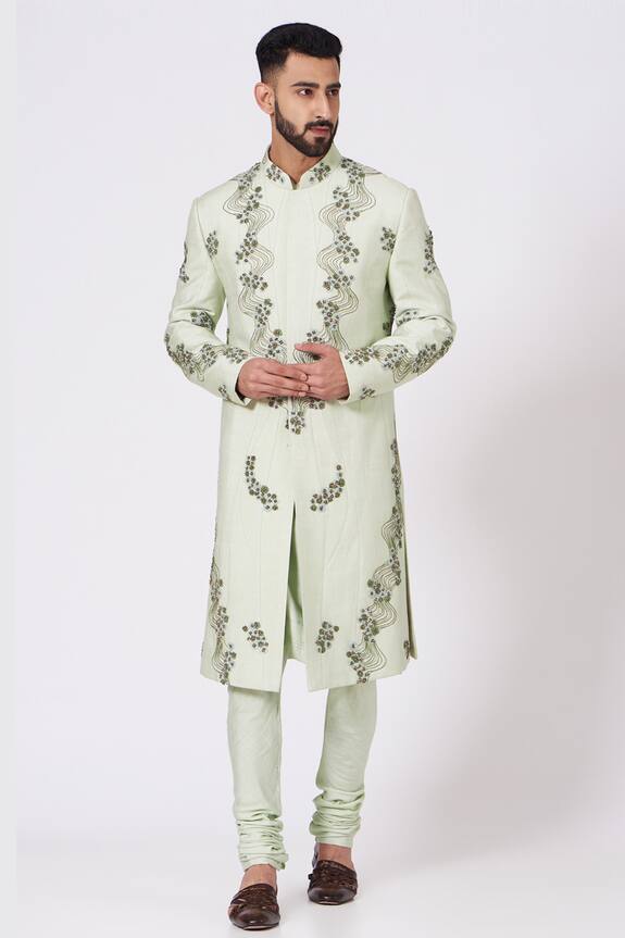 Jatin Malik Green Slub Silk Embroidered Sherwani Set 0