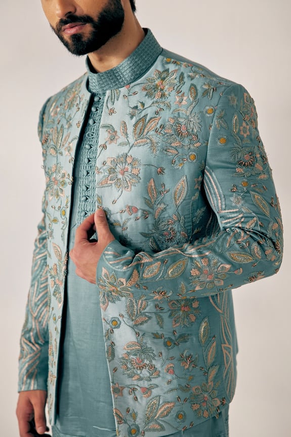Buy Jatin Malik Grey Linen Silk Embroidered Jacket And Pant Set Online ...