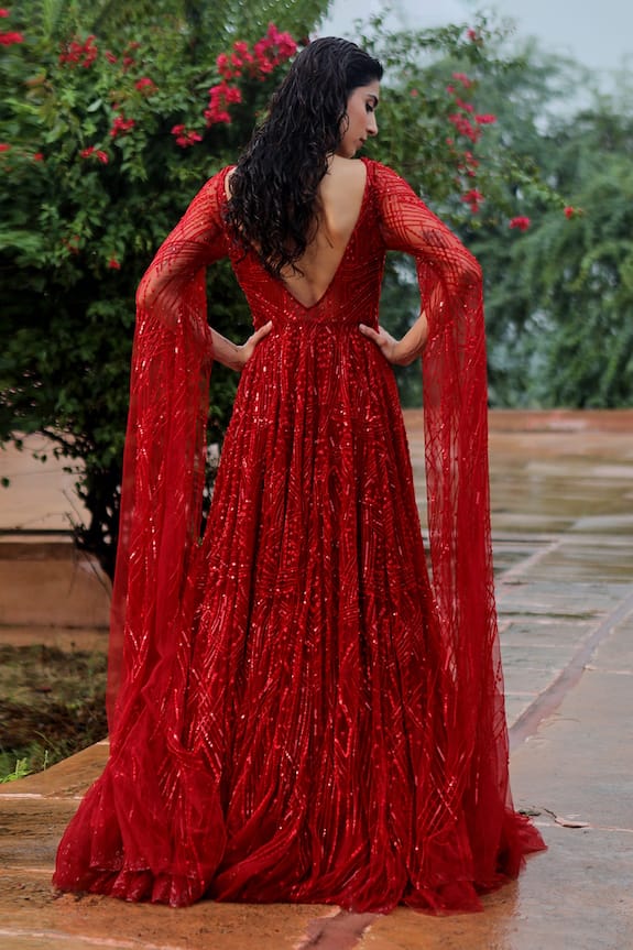 red evening gown with cape