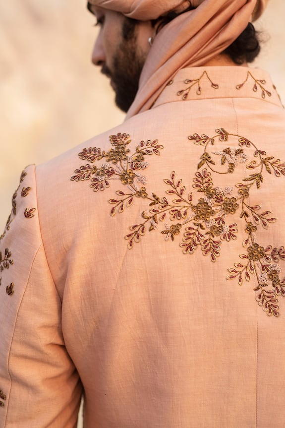 Jatin Malik Peach Linen Silk Embroidered Sherwani Set 5