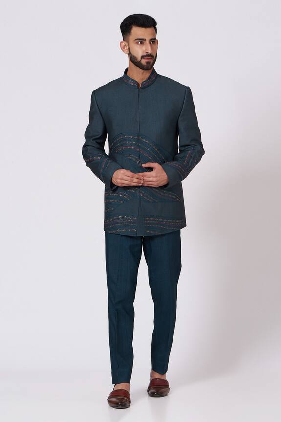 Jatin Malik Blue Slub Silk Embroidered Bandhgala And Pant Set 0
