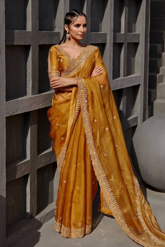 Jigar Mali Yellow Chanderi Embroidered Saree With Blouse 3
