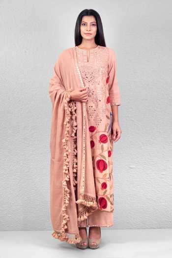 Light Pink Mangalagiri Handloom Cotton Kurta with Palazzo & Dupatta Set