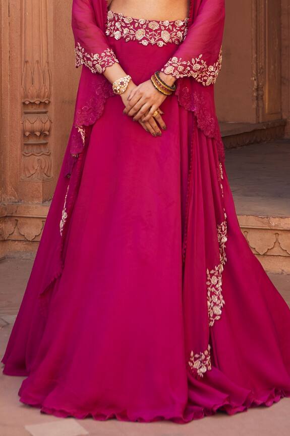 Charu and Vasundhara Pink Tussar Silk Embellished Cape Lehenga Set 5