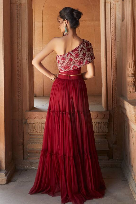 Charu and Vasundhara Red Blouse- Tussar Silk Embellished Lehenga Set 2