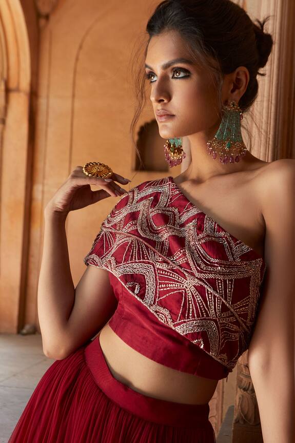 Charu and Vasundhara Red Blouse- Tussar Silk Embellished Lehenga Set 4