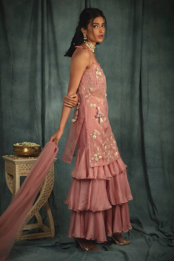 Nikita Vishakha Pink Silk Organza Sheer Tunic Tiered Gharara Set 3