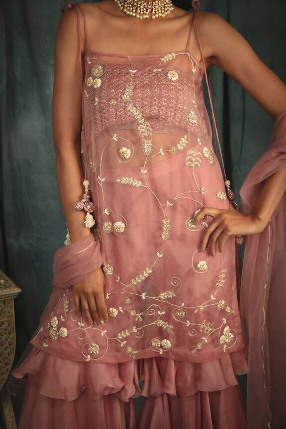 Nikita Vishakha Pink Silk Organza Sheer Tunic Tiered Gharara Set 4