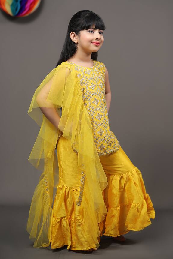 Kirti Agarwal - Pret N Couture Yellow Silk Embroidered Kurta Set For Girls 0