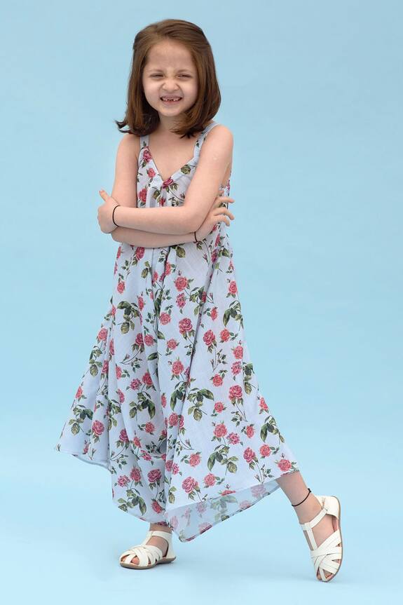 Pasha India Blue Linen Printed Jumpsuit For Girls 0