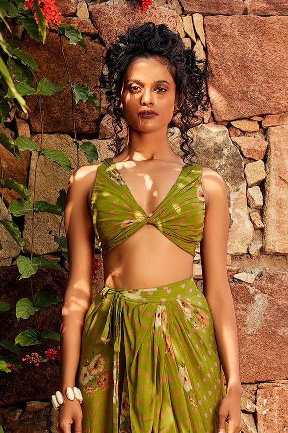 green crop top and skirt set