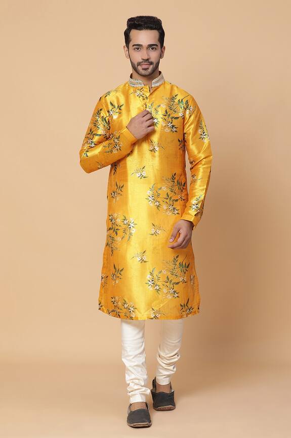 Kudrat Couture Yellow Silk Marigold Floral Print Kurta 0