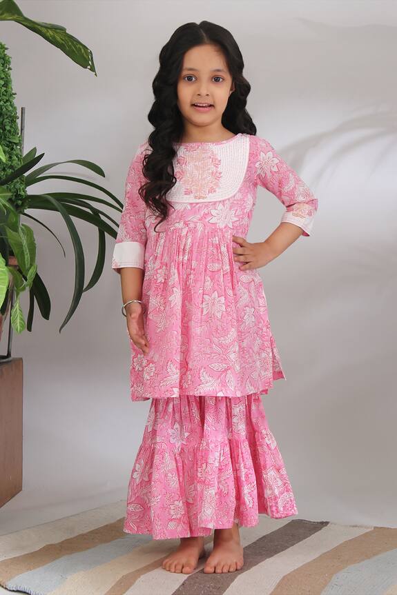 The Cotton Staple Pink Printed Kurta And Sharara Set For Girls 0