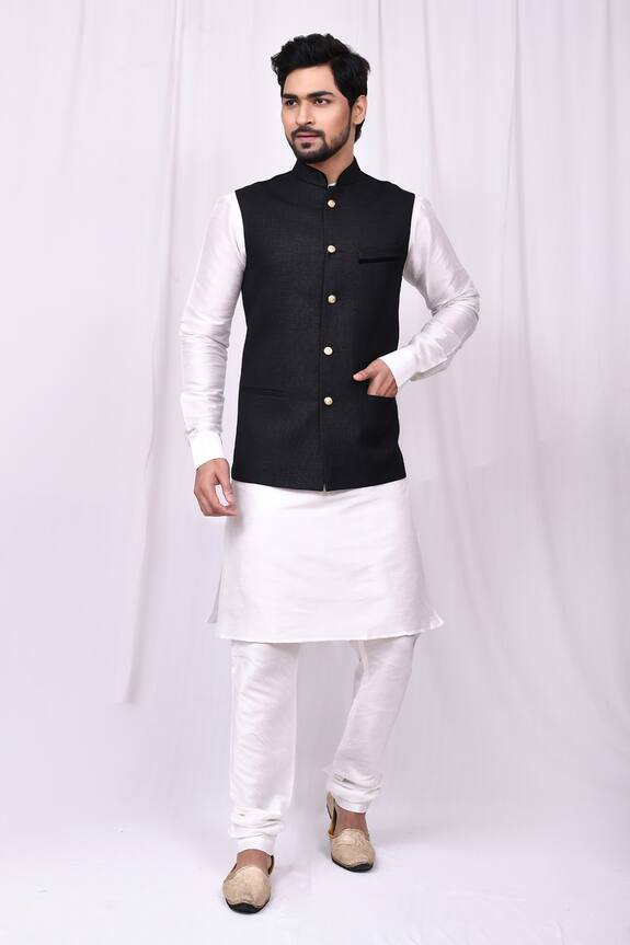 Samyukta Singhania Black Art Silk Sleeveless Nehru Jacket Kurta Set 1