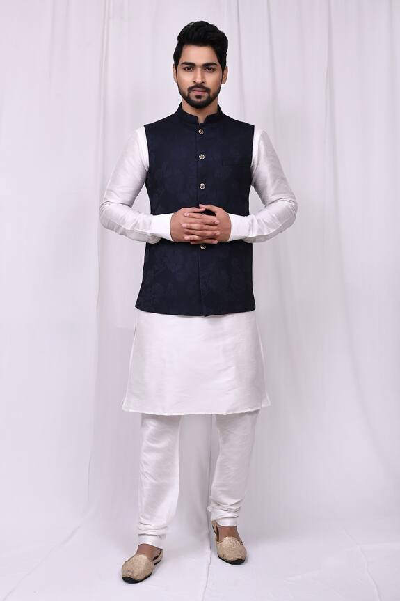 Samyukta Singhania Blue Art Silk Embossed Nehru Jacket Kurta Set 1