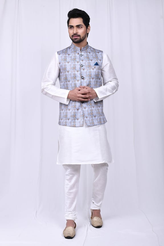 Aryavir Malhotra Multi Color Cotton Silk Geometric Print Bundi And Kurta Set 0