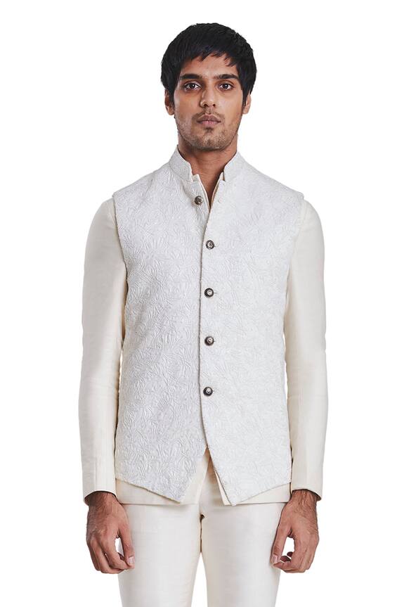 Buy Kunal Rawal White Suiting Micro Foliage Nehru Jacket Online | Aza ...