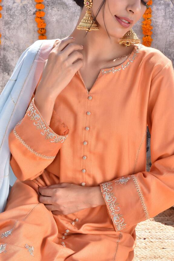 Kanika Sharma Orange Tussar Cotton Hand Embroidered Kurta Pant Set 5