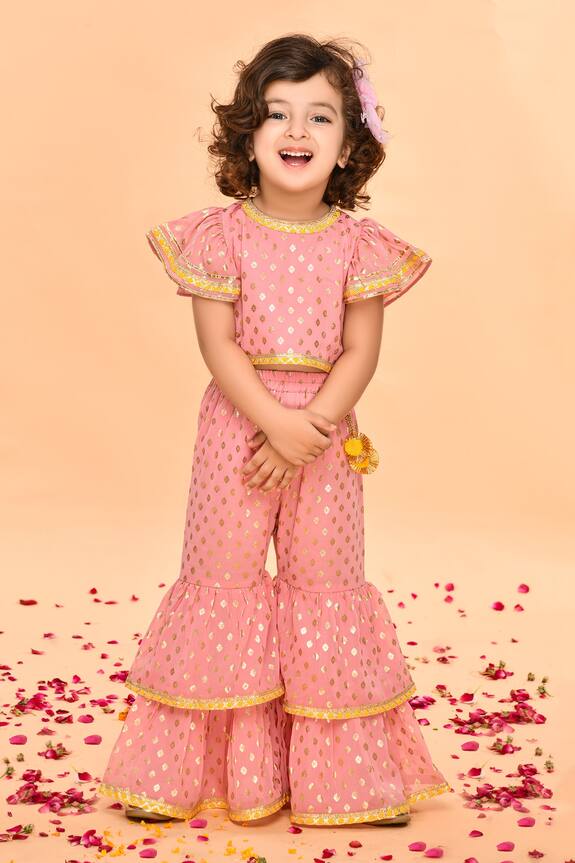 Saka Designs Peach Printed Sharara Set For Girls 4
