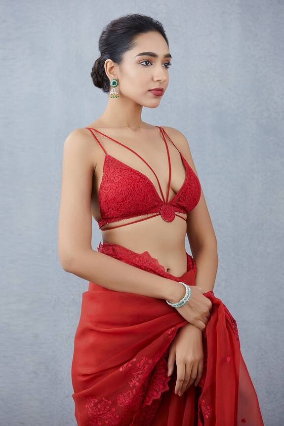 Torani Red Handwoven Chanderi Silk Organza Saree Blouse 5