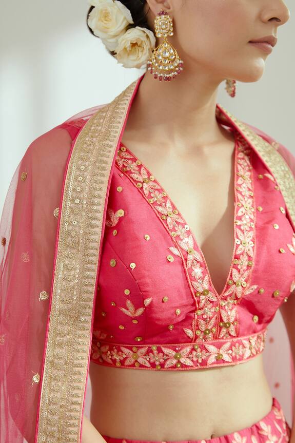Studio Iris India Pink Raw Silk Rani Embroidered Lehenga Set 4