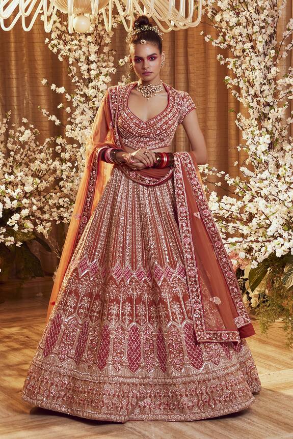 Bindani by Jigar & Nikita Orange Raw Silk Floral Embroidered Lehenga Set 0
