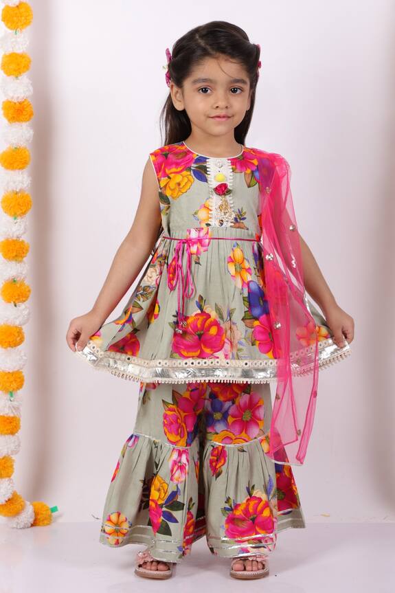 Little Bansi Grey Cotton Floral Print Sharara Set For Girls 0