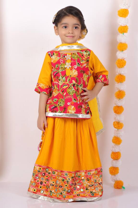 Little Bansi Yellow Embroidered Kurta Lehenga Set For Girls 0