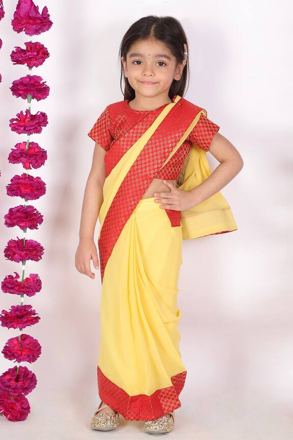 Little Bansi Red Georgette Pre-draped Saree With Blouse For Girls 0