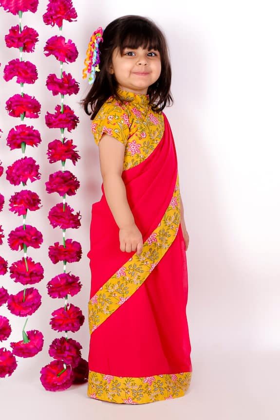 Little Bansi Yellow Georgette Saree With Printed Blouse For Girls 3