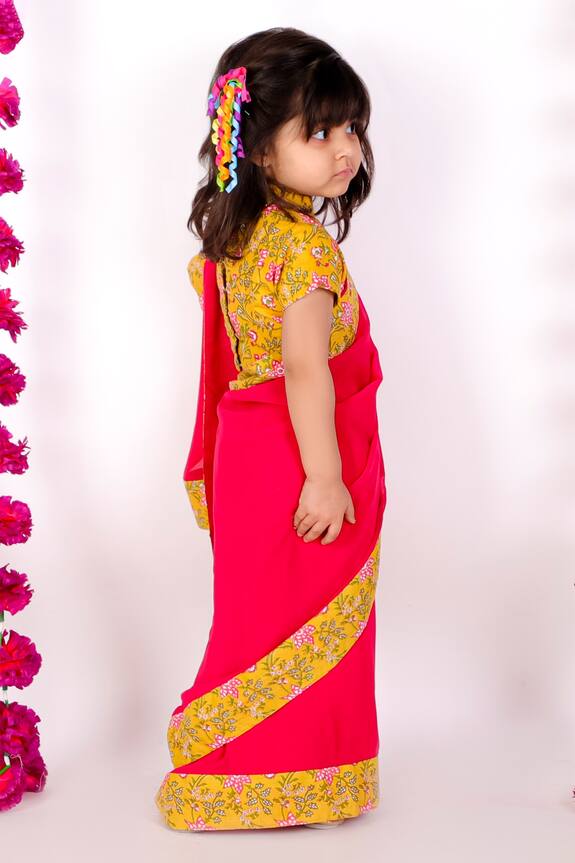 Little Bansi Yellow Georgette Saree With Printed Blouse For Girls 5