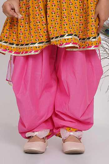 Campana Girls Sanvi Kurti with Salwar & Dupatta Set - Floral Print - Pink & Yellow