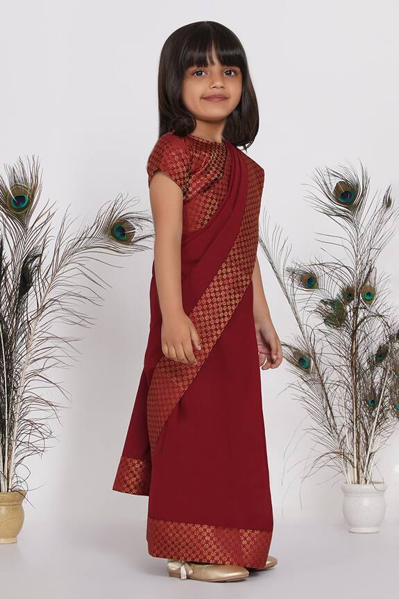 Little Bansi Maroon Brocade Pre-draped Saree With Blouse For Girls 3